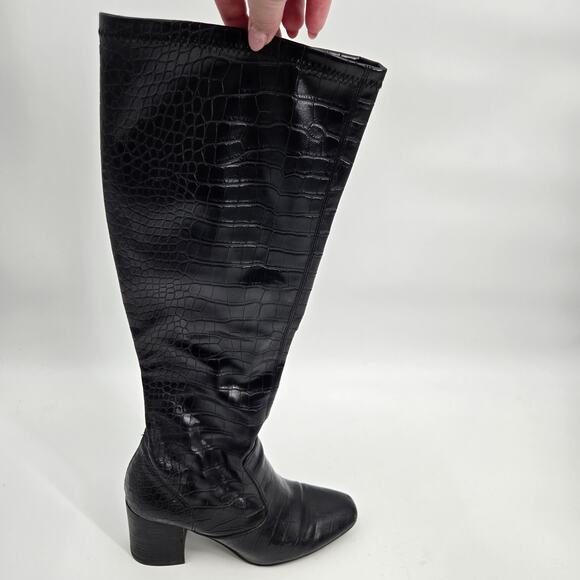 Franco Sarto 8 Talfer Boot Black Croc Tall High Knee Height Block Heel - Picture 4 of 11